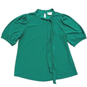 Flower & Feather Shirt NEW Womens XL Kelly Green Tie Neck Career Top Blouse